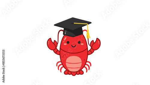 Cartoon Crab Wearing Graduation Cap Smiling.