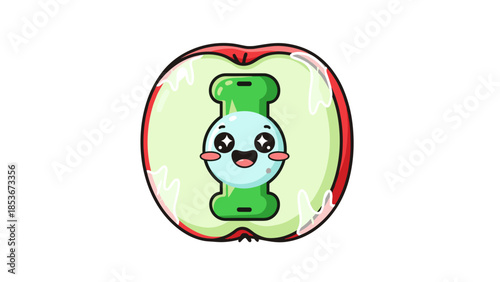 Cartoon Character Inside Apple Fruit Illustration.