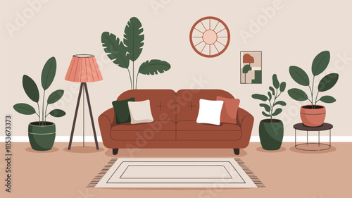 Cozy living room interior with comfortable sofa, houseplants, and stylish decor elements