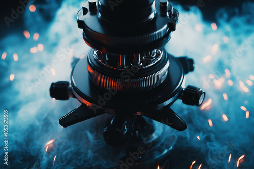 Forensic lab investigation microscope closeup metal lens smoke sparks blue lighting dramatic scientific scene