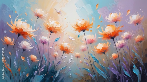 Textured meadow with delicate orange and white flowers. Pastel background, expressive brushstrokes, floating petals. Modern impressionist, thick paint, soft light, romantic. Wallart.