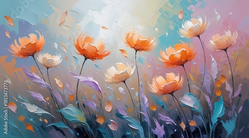 Textured meadow with delicate orange and white flowers. Pastel background, expressive brushstrokes, floating petals. Modern impressionist, thick paint, soft light, romantic. Wallart.