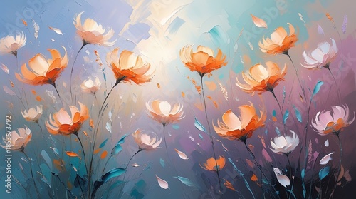 Textured meadow with delicate orange and white flowers. Pastel background, expressive brushstrokes, floating petals. Modern impressionist, thick paint, soft light, romantic. Wallart.