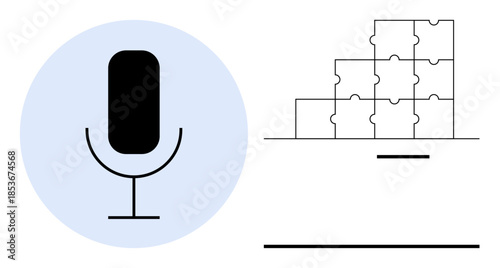 Communication concept. Communication ed by a microphone icon combined with a puzzle piece structure. Communication as a solution, collaboration, and media relations. Suitable for technology