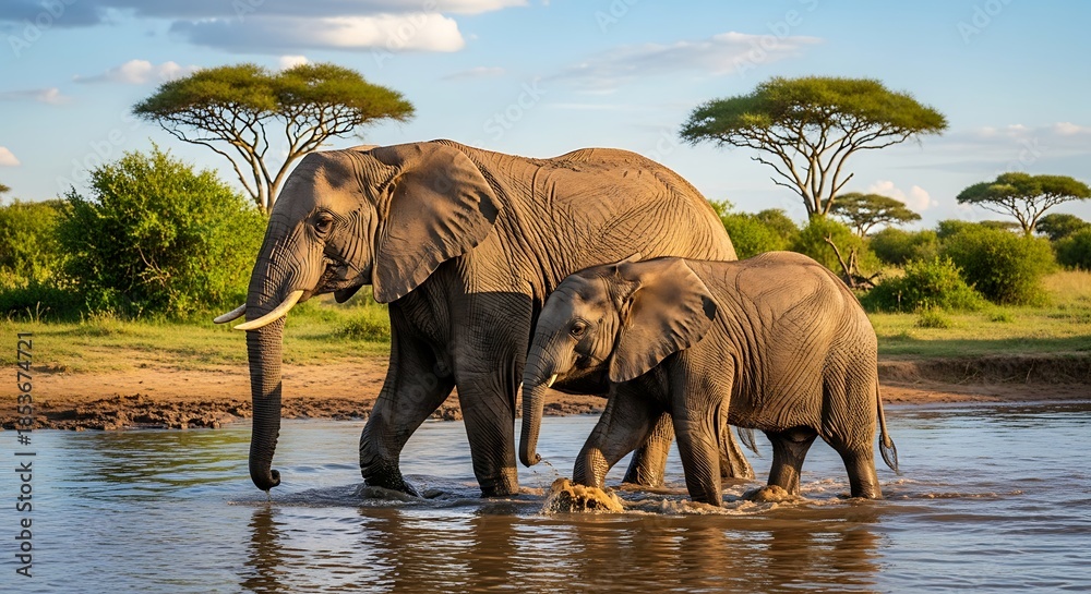 Fototapeta premium Elephants Crossing River with Calf in Africa.