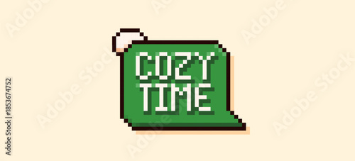 Cozy time pixel art speech bubble with a green background and snow peak.