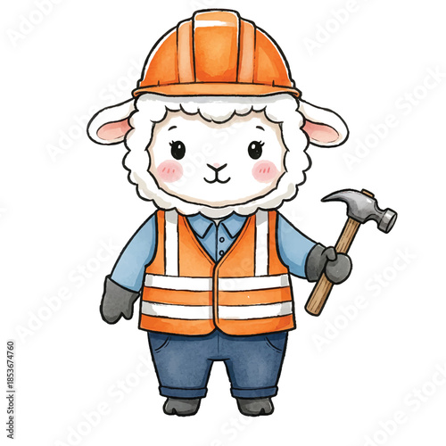 Cartoon boy builder with helmet and hammer smiling vector illustration