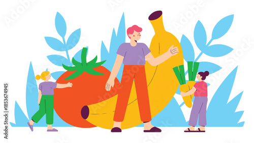 Family enjoying healthy food and fruits with children helping to gather fresh produce for good health