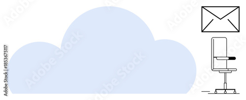 Data storage, online communication, business tools, cloud systems, office management, future technology. Simple cloud shape with a chair and envelope outline. Data storage and online communication
