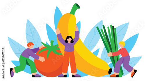 People working together to harvest and carry fresh fruits and vegetables for healthy living