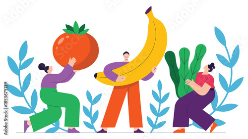 People lifting and holding assorted fresh fruits and vegetables for healthy eating and lifestyle