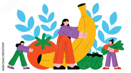 People with large fresh produce like tomato banana and greens promoting healthy diet and lifestyle