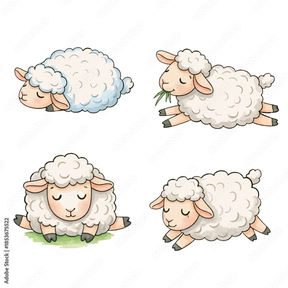 Naklejka premium Cute cartoon sheep set with happy white lambs in a fun farm style illustration