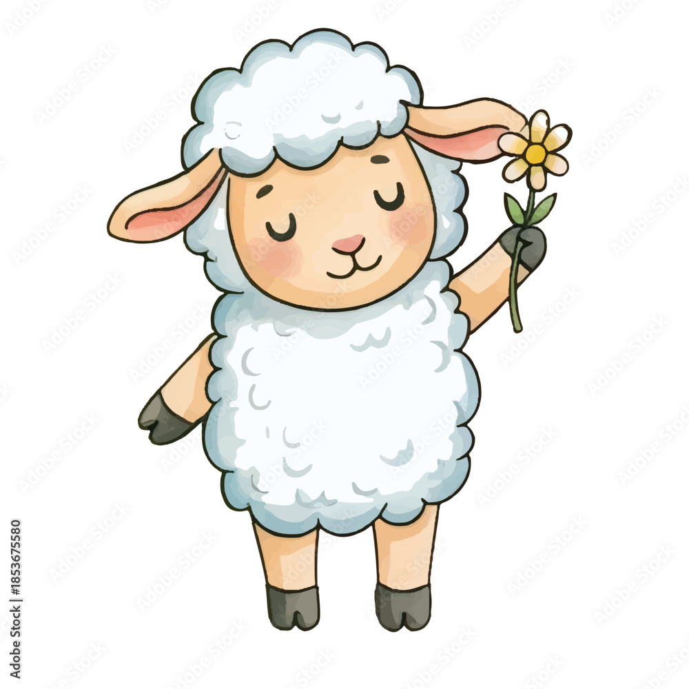 Naklejka premium Cute Cartoon Lamb on a Happy Farm