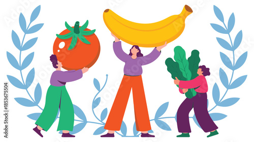 Healthy food illustration with figures holding oversized banana and tomato fruits aloft