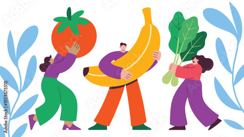 Group of characters lifting massive produce items representing nutritious eating and diet