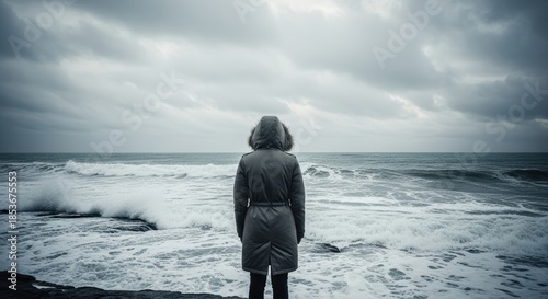 A person stands alone on a rocky shoreline, gazing out at turbulent waves crashing ashore under a stormy sky, wearing a coat.