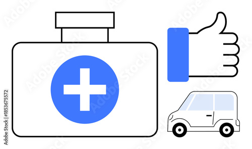 Emergency assistance concept. Visuals include first aid kit for health needs, thumbs up for approval, and car for mobility. Emergency services, roadside aid, health safety, support, travel security