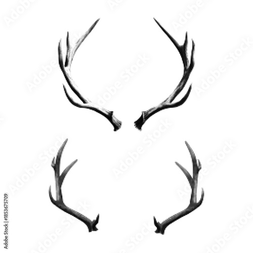 Black and white halftone illustration set of deer antlers in symmetrical pairs. Rustic wildlife elements for hunting design, nature logo, Christmas decoration, badge, and vintage graphic use.
