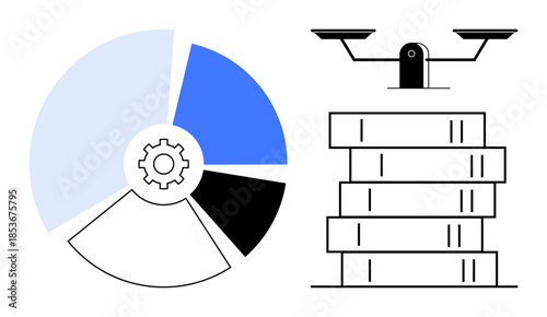Business analysis, financial balance, data-driven decisions, equity assessment, economics, resource management. A segmented chart, gear icon and balanced scales. Business analysis and financial