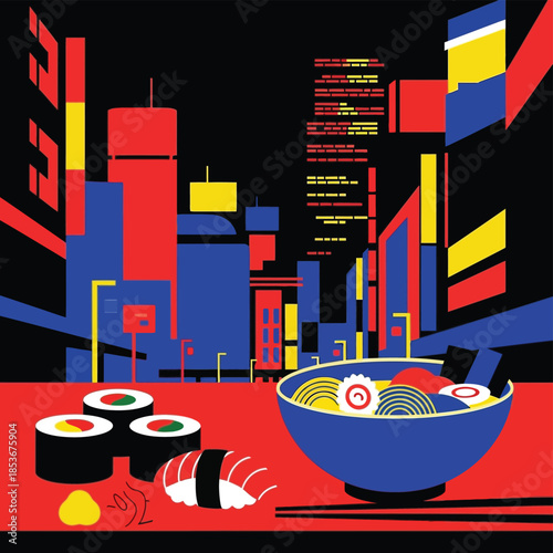 Vibrant Cityscape with Sushi and Ramen in the Foreground, an Illustration of Modern Urban Lifestyle