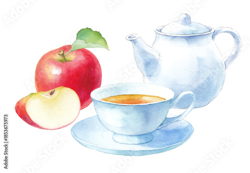 アップルティーのイメージ　リンゴと白いティーセットの水彩イラスト（ベクター）
