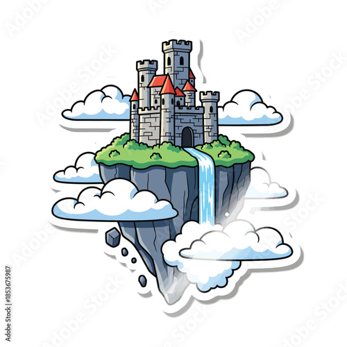 A fantastical castle floating among clouds with a waterfall cascading down its cliffside