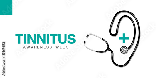 Tinnitus Awareness Week. Ear shape stethoscope and plus icon. Great for cards, banners, posters, social media and more. White background.  