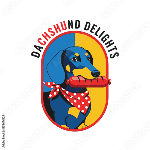 Illustration of a dachshund dog holding a sausage in its mouth, wearing a bandana