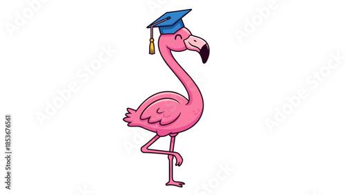 Pink Flamingo Wearing Blue Graduation Cap.