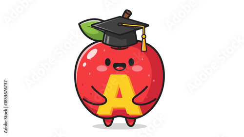 Cartoon Apple Character Wearing Graduation Cap.