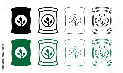 Fertilizer Bag Icon Set with Leaf Symbol Agriculture Packaging Isolated on White Background