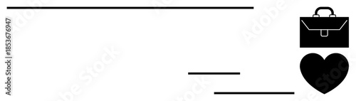 Career goals, personal life balance, workplace empathy, professional relationships, emotional intelligence, decision making. Black briefcase and heart icon on a white background. Career goals