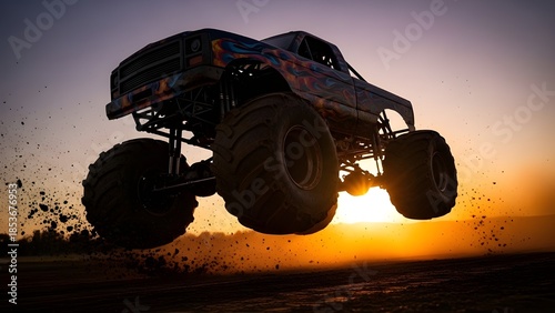 Powerful monster truck defies gravity, soaring through the air against a breathtaking golden sunset backdrop, kicking up a dramatic cloud of dust and dirt with exhilarating airborne action