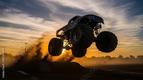 Monster truck leaping in the air during a sunset with dust kicking up from tires