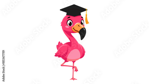Cartoon Flamingo Wearing Graduation Cap.