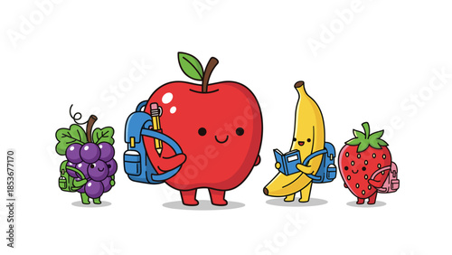 Cartoon Fruits with Backpacks Smiling Faces.