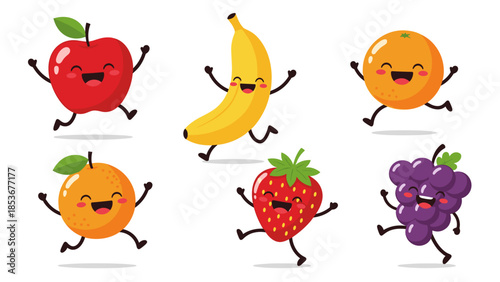 Cartoon Fruits with Happy Faces Dancing.