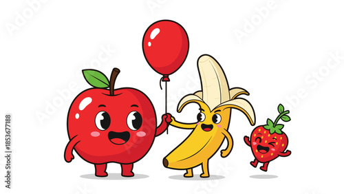 Cartoon Fruits with Red Balloon Character.