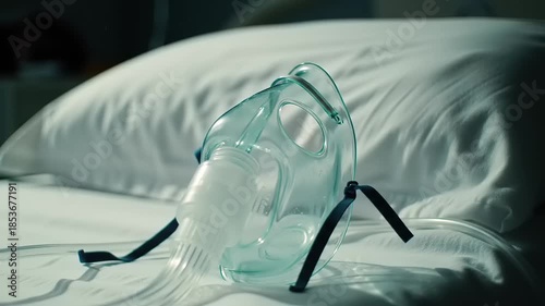 Oxygen mask on hospital bed.