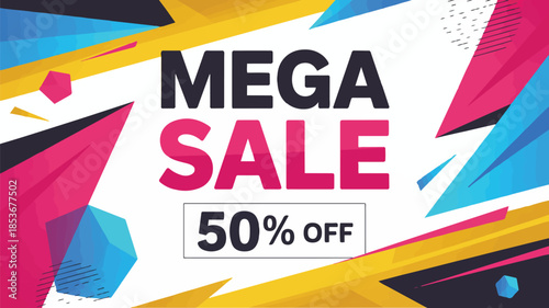 Mega sale banner 50 off, dynamic abstract background, promotional event design