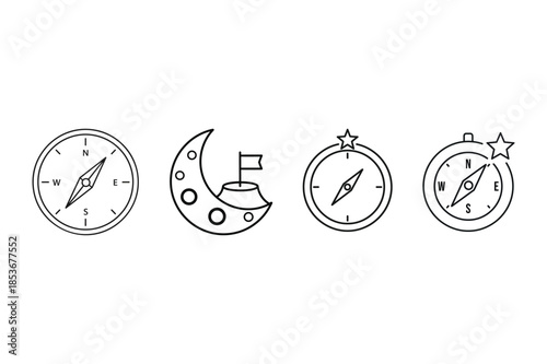 Navigation and Space Exploration Line Art Icon Set Compass, Lunar Moon with Flag, and North Star Directional Symbols for Adventure and Travel Vector Design