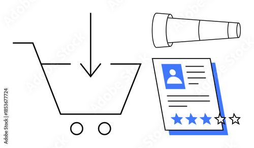 Shopping cart with an arrow, customer review profile with rating stars, and a telescope representing product search. Ideal for e-commerce, customer feedback, online shopping, product quality, digital