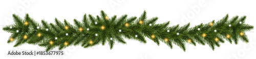 Realistic fir branches decorated with twinkling Christmas lights.