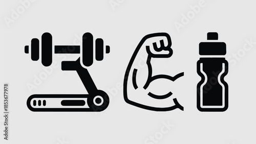 Gym equipment vector icons set with dumbbell bicep and water bottle on a stand