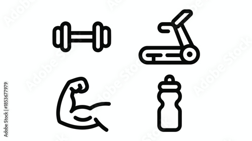 Gym equipment vector icon set dumbbell and treadmill with bicep and water bottle