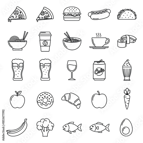 Assorted food and drink items isolated on white background