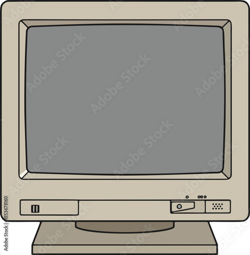 Retro beige CRT computer monitor vector illustration with a blank gray screen, perfect for vintage technology concepts, digital design, and nostalgic graphic resources.