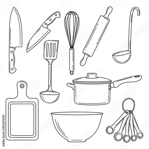 Essential kitchen utensils isolated on white background