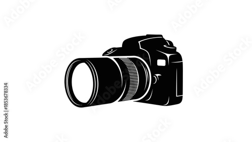 Black camera with long lens on a clean white background